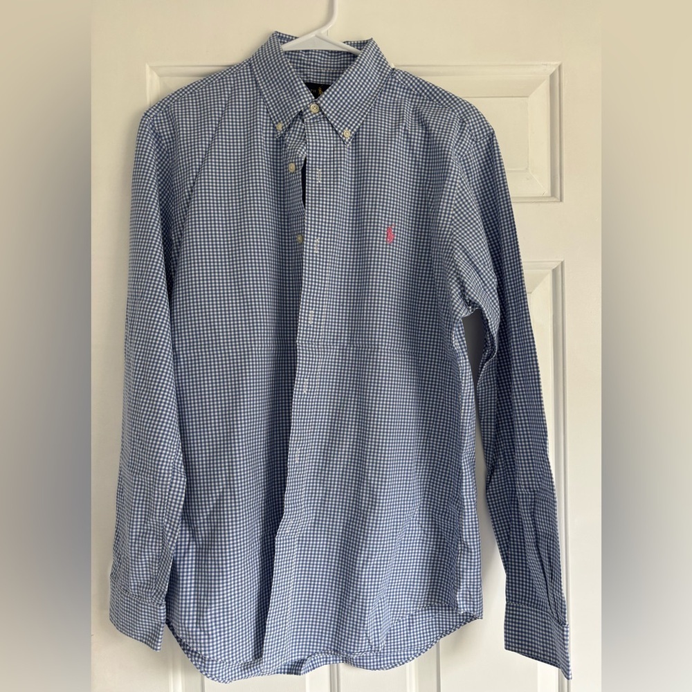 Ralph Lauren Blue and White Gingham Button-Down with Pink Pony Shirt Size M